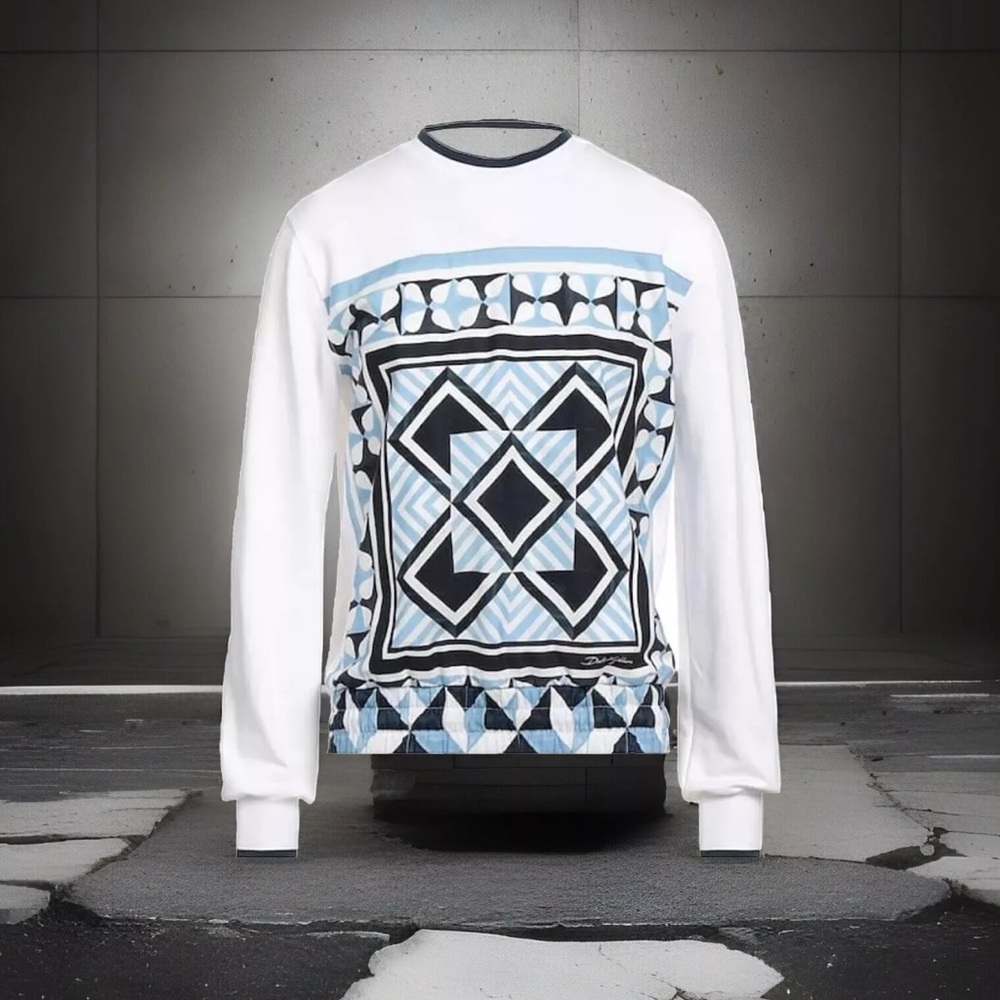 Dolce & Gabbana White Sweatshirt with Light Blue and Black Graphic Panel